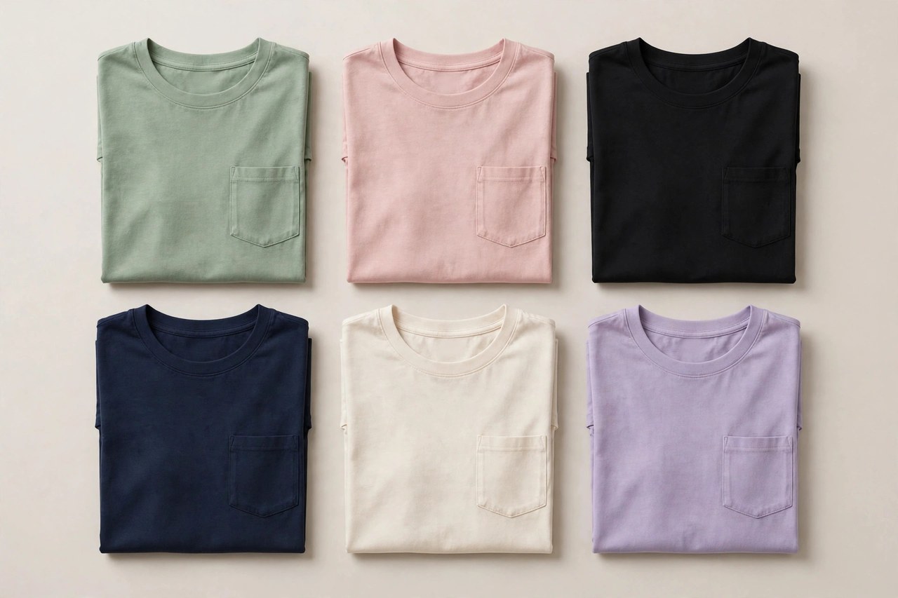 Women's pocket tees folded in white, grey and striped jersey showing the small sewn chest pockets on each T-shirt