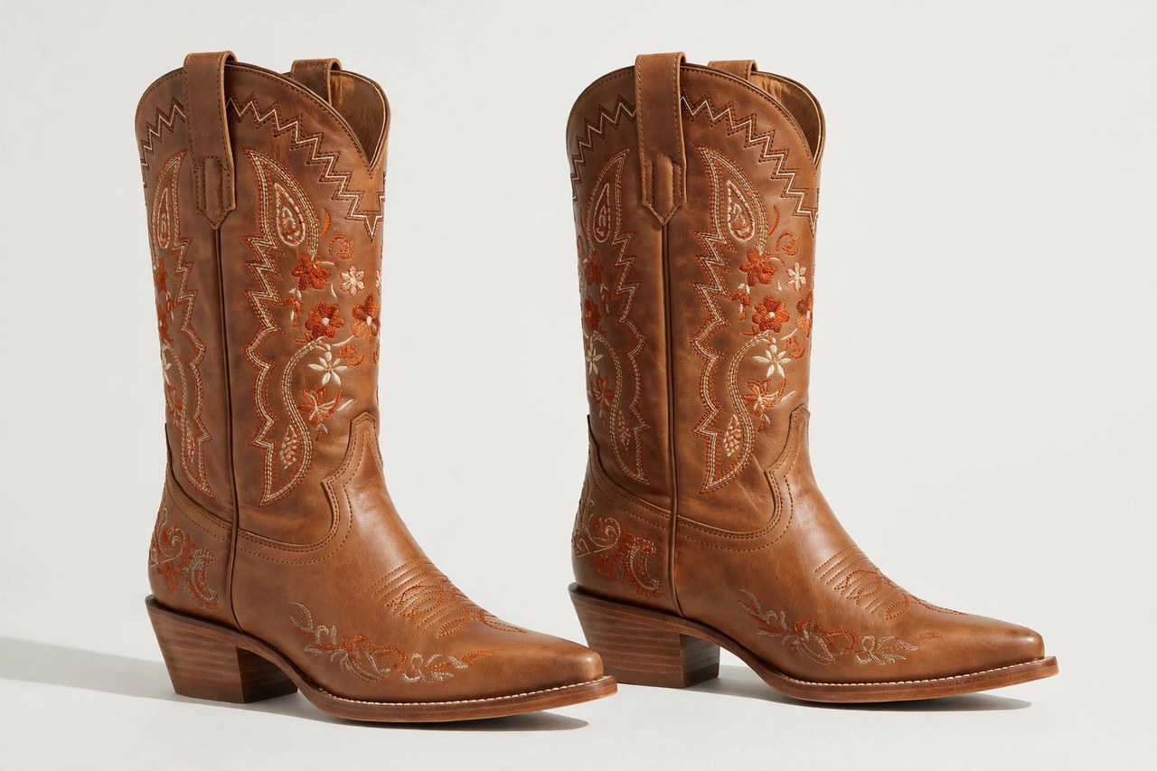 Women's pointed toe western boots in tan leather with decorative shaft stitching, classic cowboy heels and elongated pointed toes