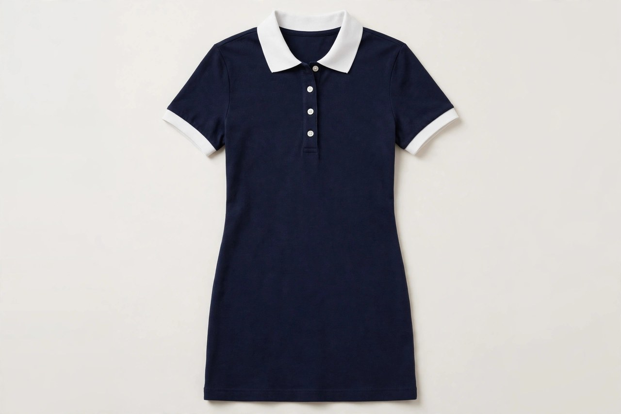 Women's polo dresses in navy, white and sage green pique knit with collars and button plackets laid flat on a light background