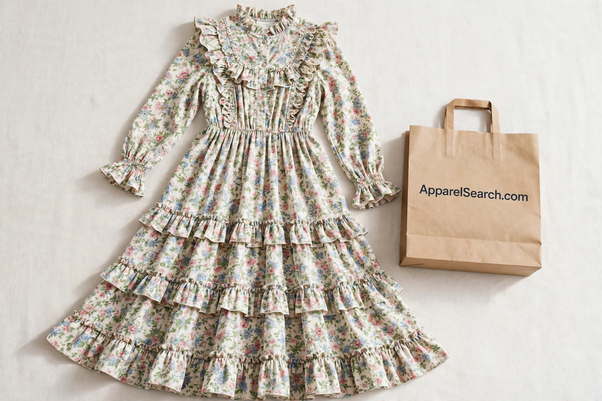 Women's prairie dress in floral calico fabric laid flat, showing the high ruffled neckline, long sleeves and long tiered skirt, a paper shopping bag printed ApparelSearch.com beside it, product photography with no people