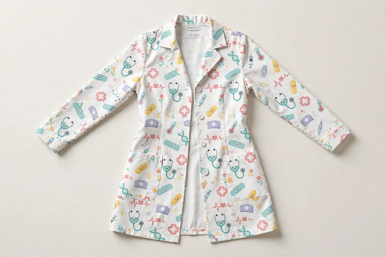 Women's printed lab coats hanging in a row showing white coats with floral trim and one all-over print coat with button closures