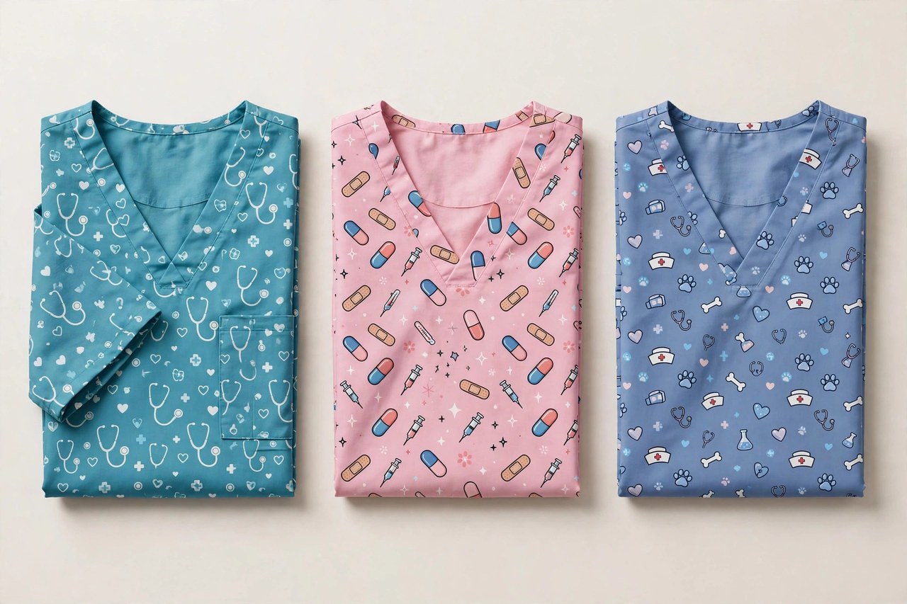 Women's printed scrub tops in floral, cartoon pediatric and geometric prints folded beside solid scrub pants