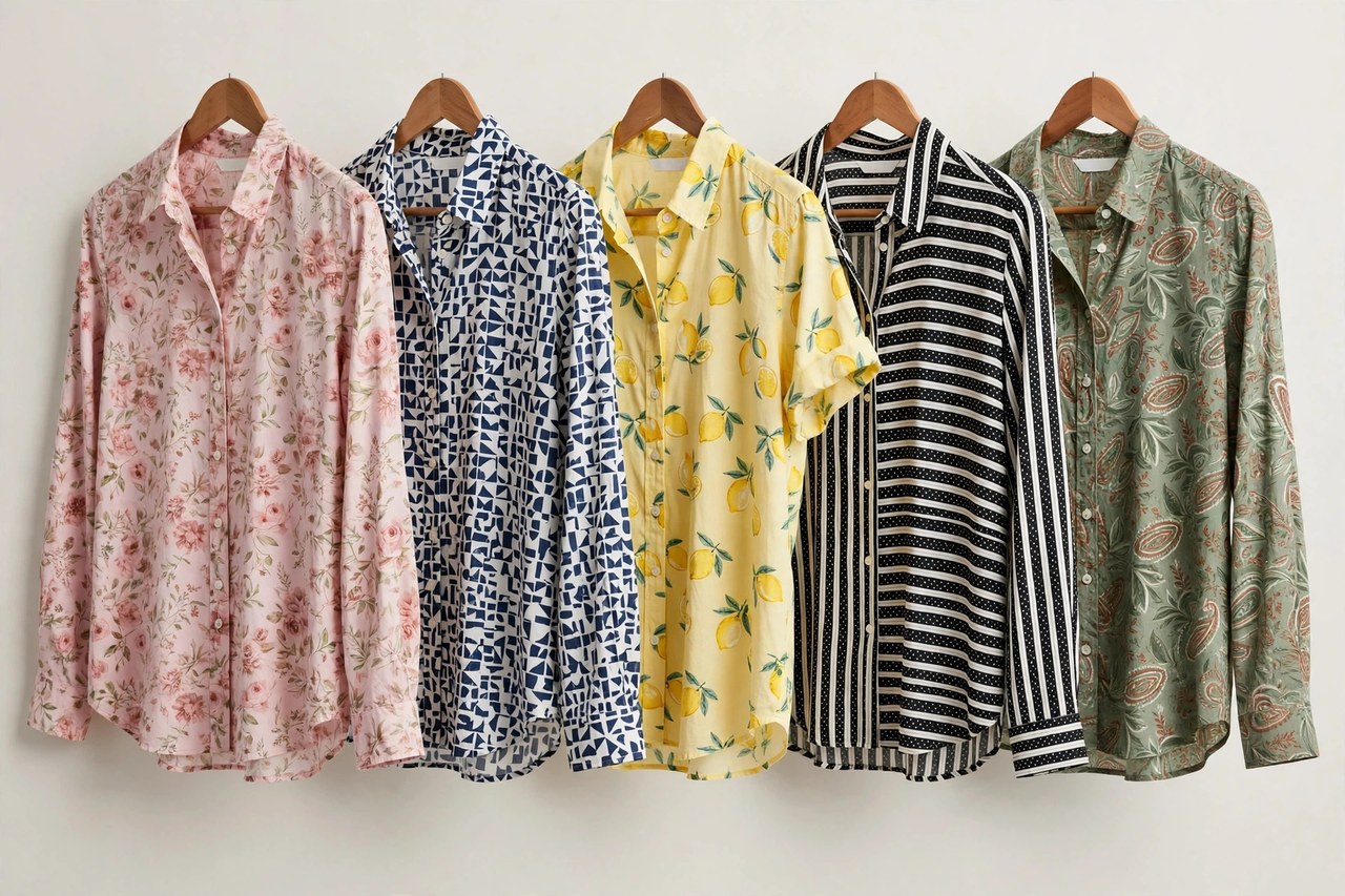 Women's printed shirts and blouses hanging in a row with floral, geometric and polka dot repeat patterns in silk-look fabrics