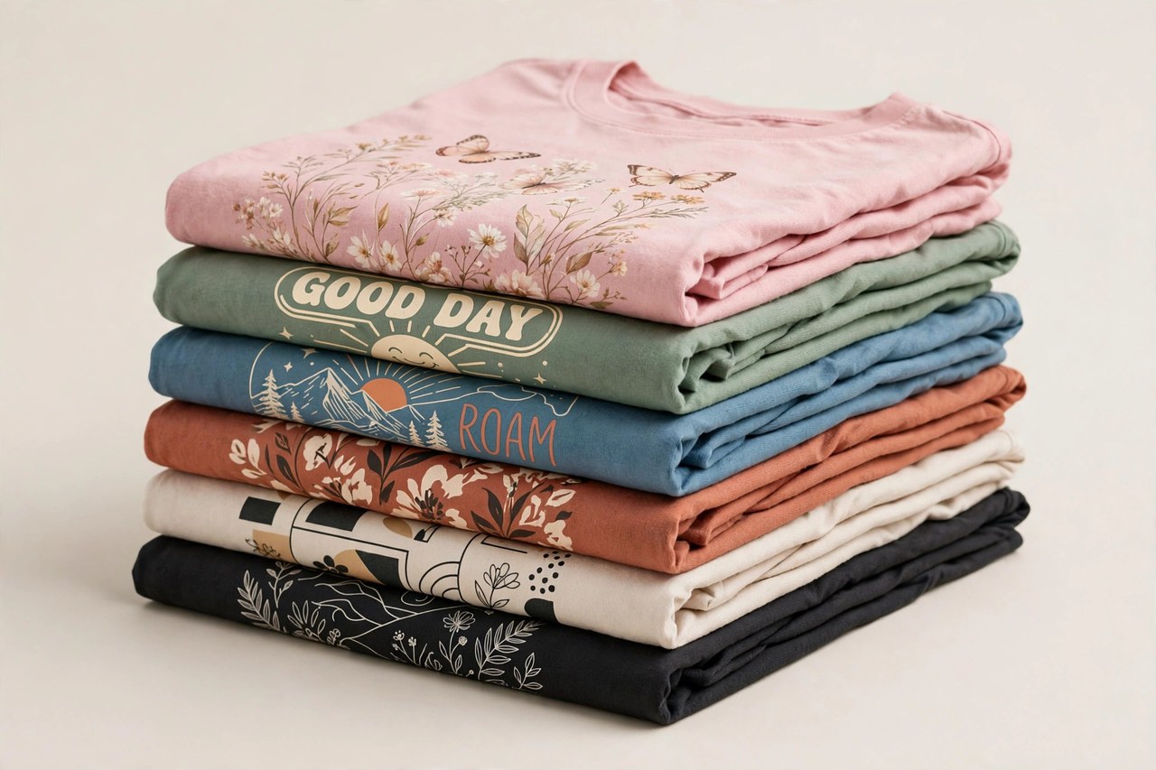 Folded women's printed t-shirts stacked in a pile showing screen-printed and full-color graphic designs on cotton tees