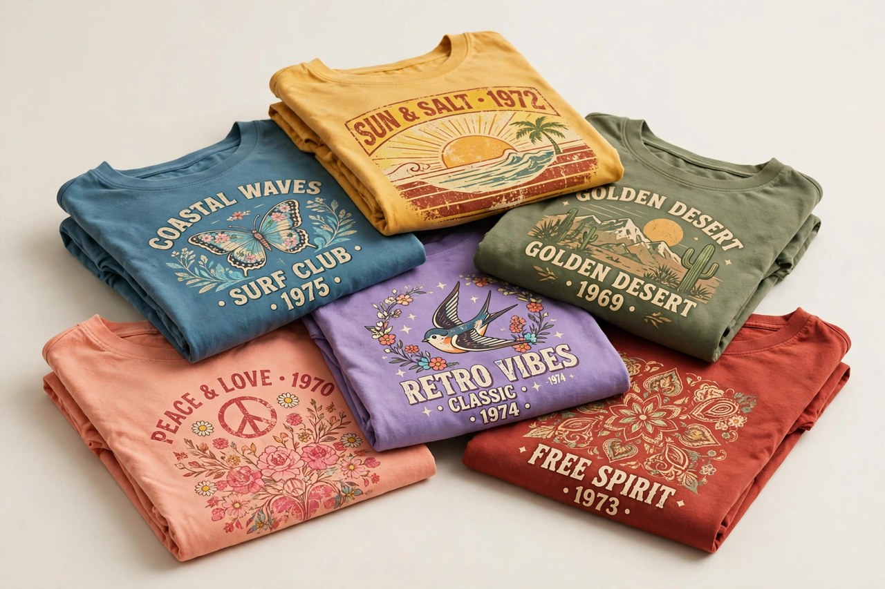 Women's printed graphic tees on hangers: a vintage-style band tee, a novelty slogan tee and a retro ringer tee