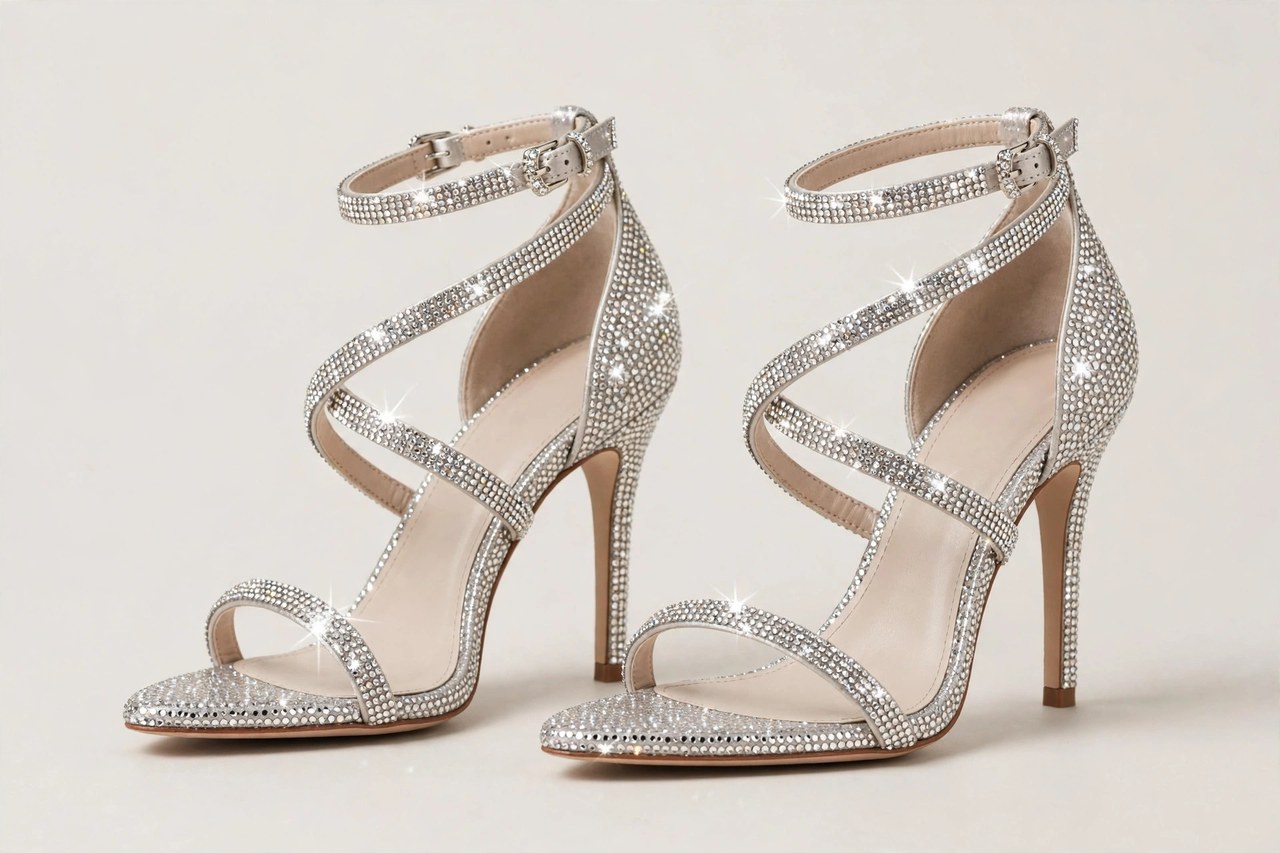 Women's prom shoes arranged in a row: silver strappy heels, blush ballerina flats and embellished mules beside a clutch bag