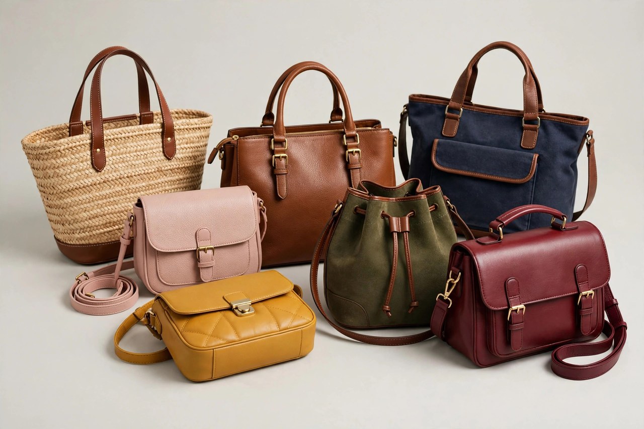 Women's purses arranged on a table: a structured leather satchel, a tan crossbody purse, a woven tote and a small evening clutch