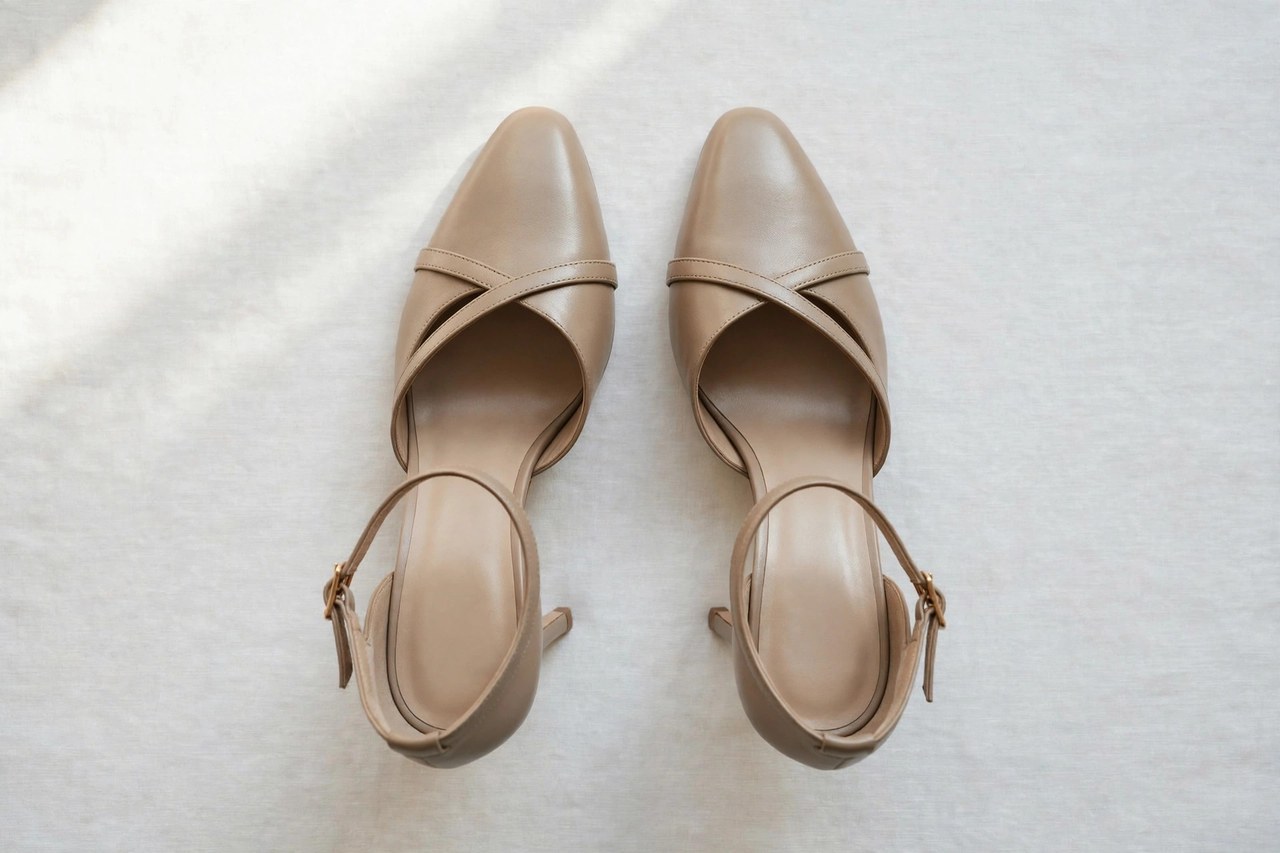 A pair of women's heeled quarter strap shoes with ankle straps arranged on a light surface