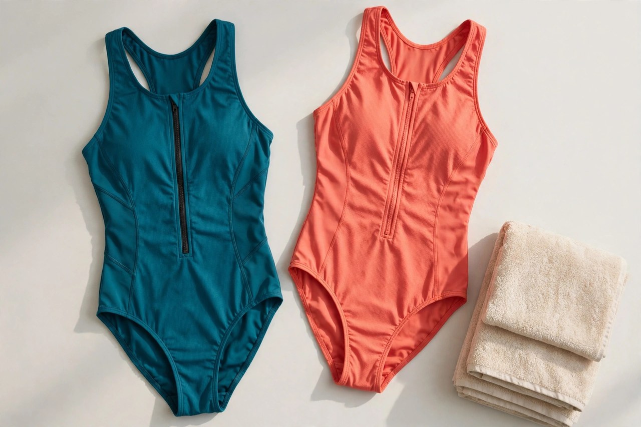Women's quick dry swimsuits laid flat as garments beside a folded towel, shown as flat products only
