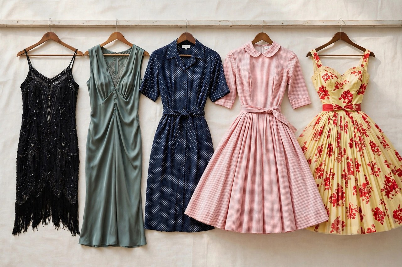 A row of women's retro dresses in different decade silhouettes, from a 1920s straight dress to a 1950s full-skirted dress, on a rail