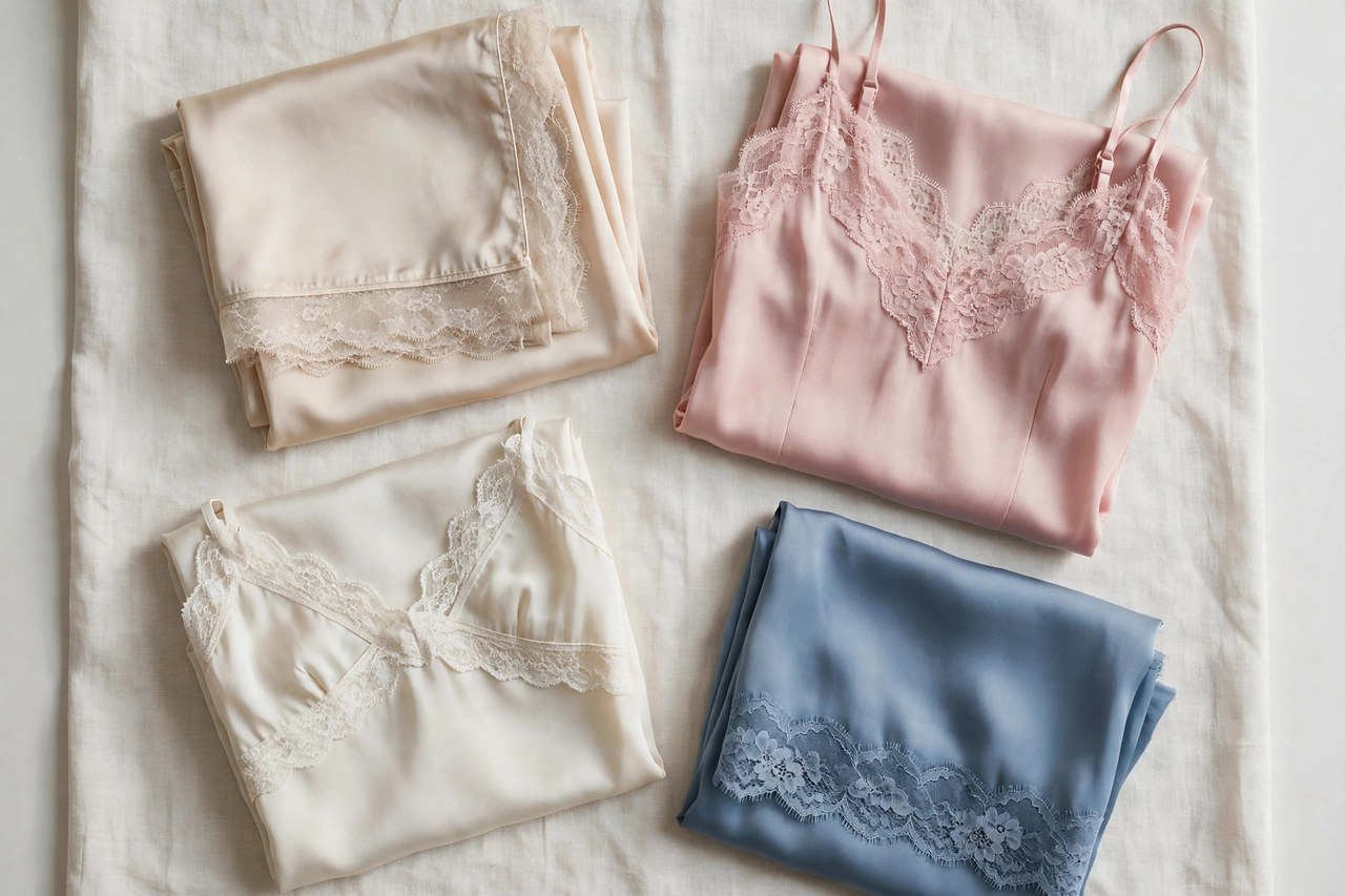 Vintage-style women's lingerie garments laid flat as products only, folded silk and nylon slips and camisoles with lace trim, no people or mannequins