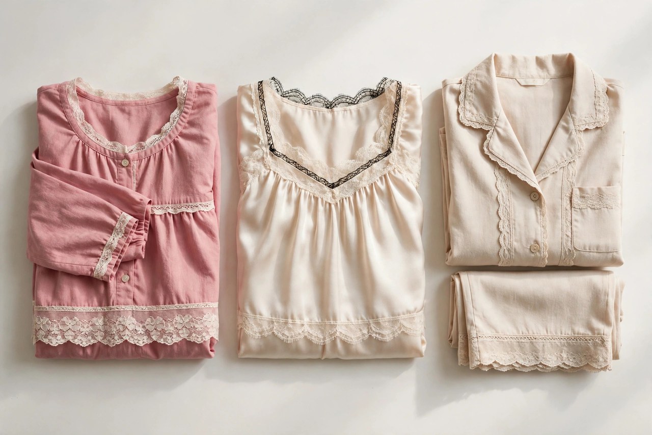 Vintage-style women's sleepwear garments laid flat as products only, folded cotton and nylon nightgowns and a pajama set with lace trim, no people or mannequins