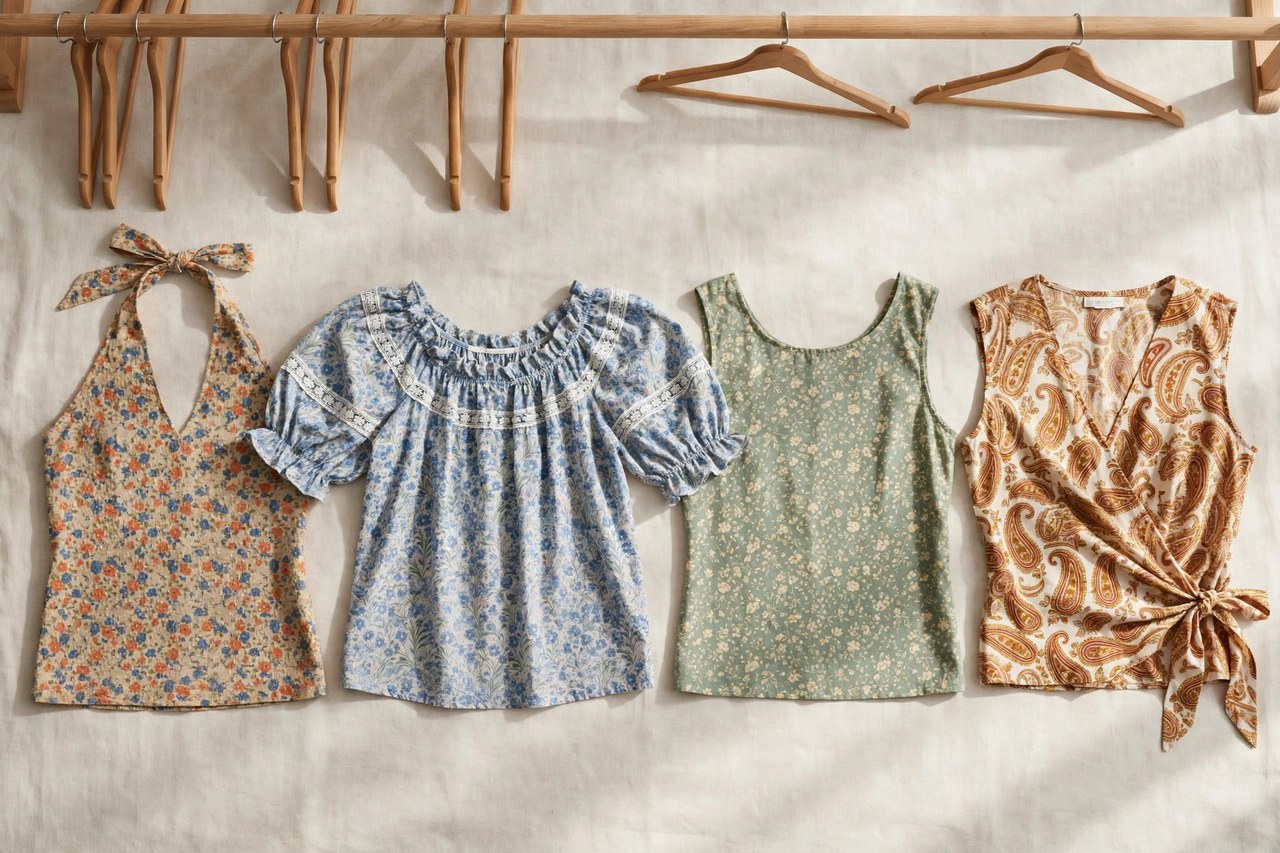 A rail of women's retro tops showing a halter top, a peasant blouse style top, a shell top and a wrap top in period prints