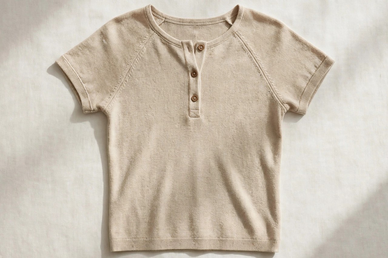 A women's rib raglan cap sleeve henley top laid flat, showing the buttoned henley placket, short cap sleeves and fine rib knit fabric