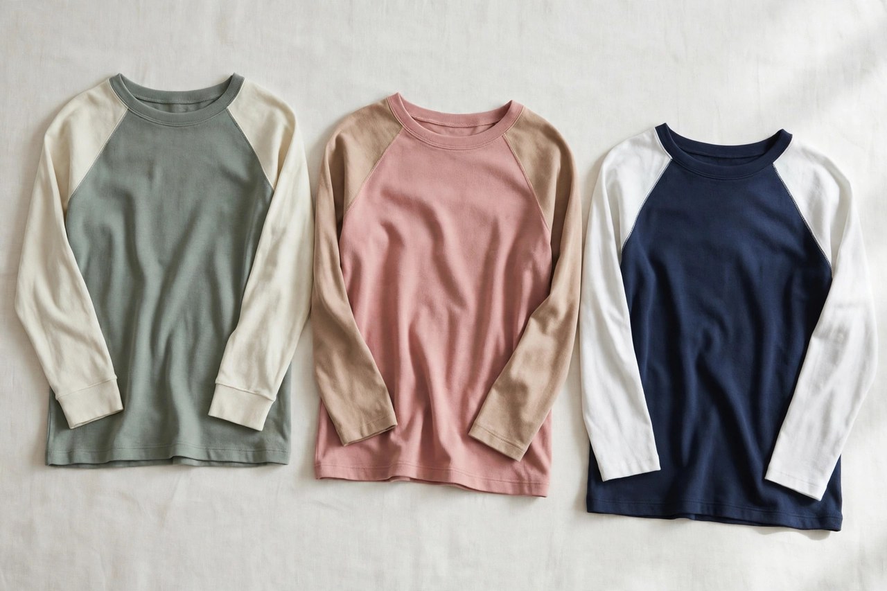 Women's raglan long sleeve tops in contrasting sleeve colors laid flat showing the diagonal shoulder seams
