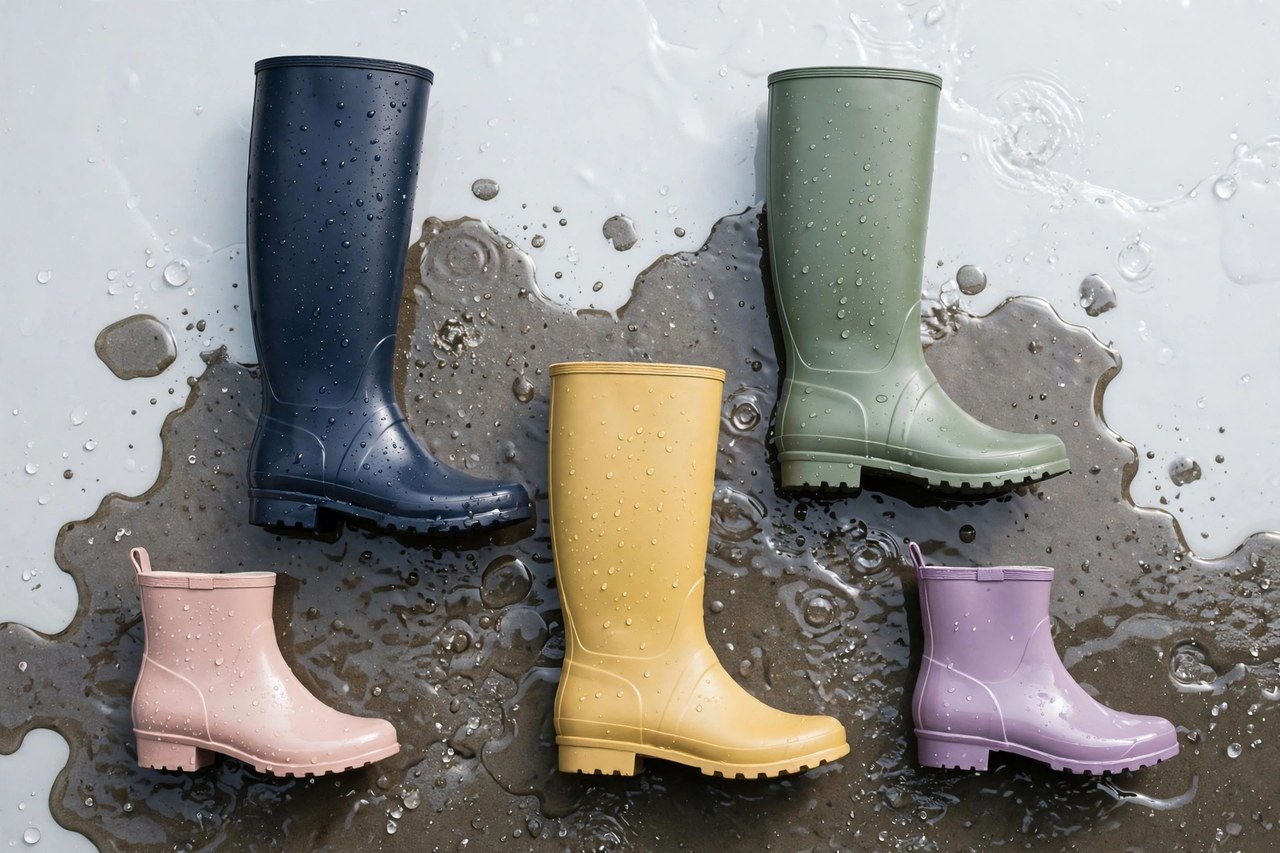 Women's rain boots in several heights and colors standing on a wet surface