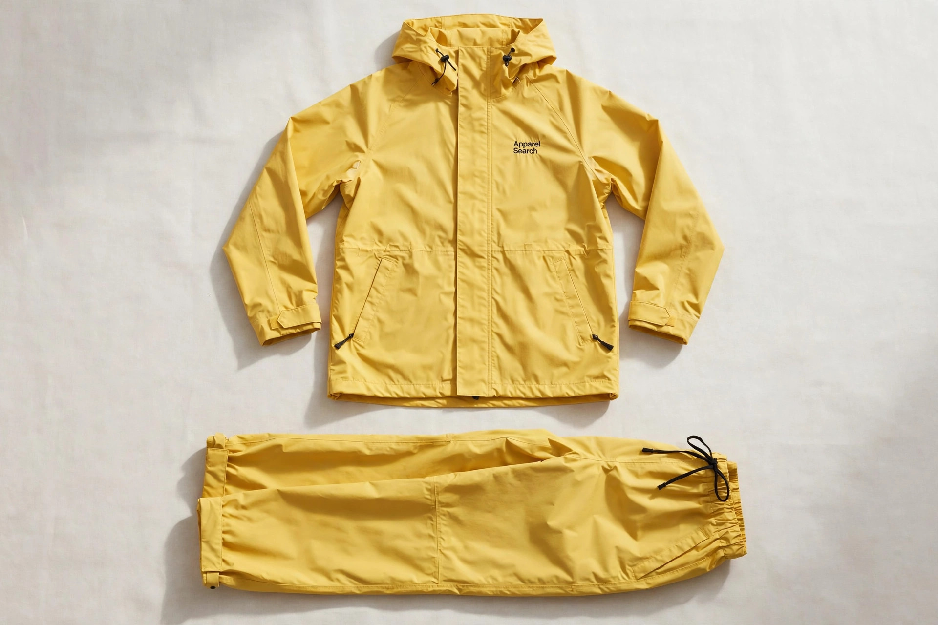 Women's rain suit laid flat, a yellow waterproof jacket and matching rain pants set, product photography with no people