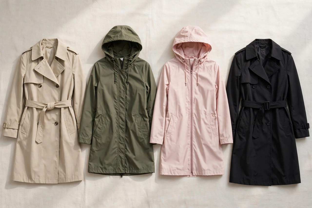 Women's raincoats in trench and hooded styles hanging in a row