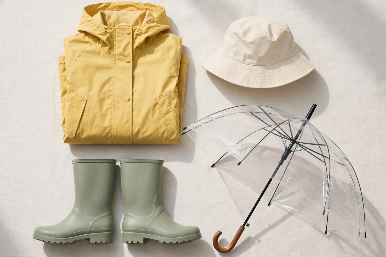 Women's rainwear arranged together including a raincoat, rain boots, umbrella and waterproof hat