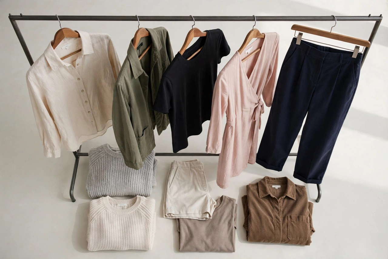 Women's ready-to-wear garments on a retail clothing rack in a range of sizes