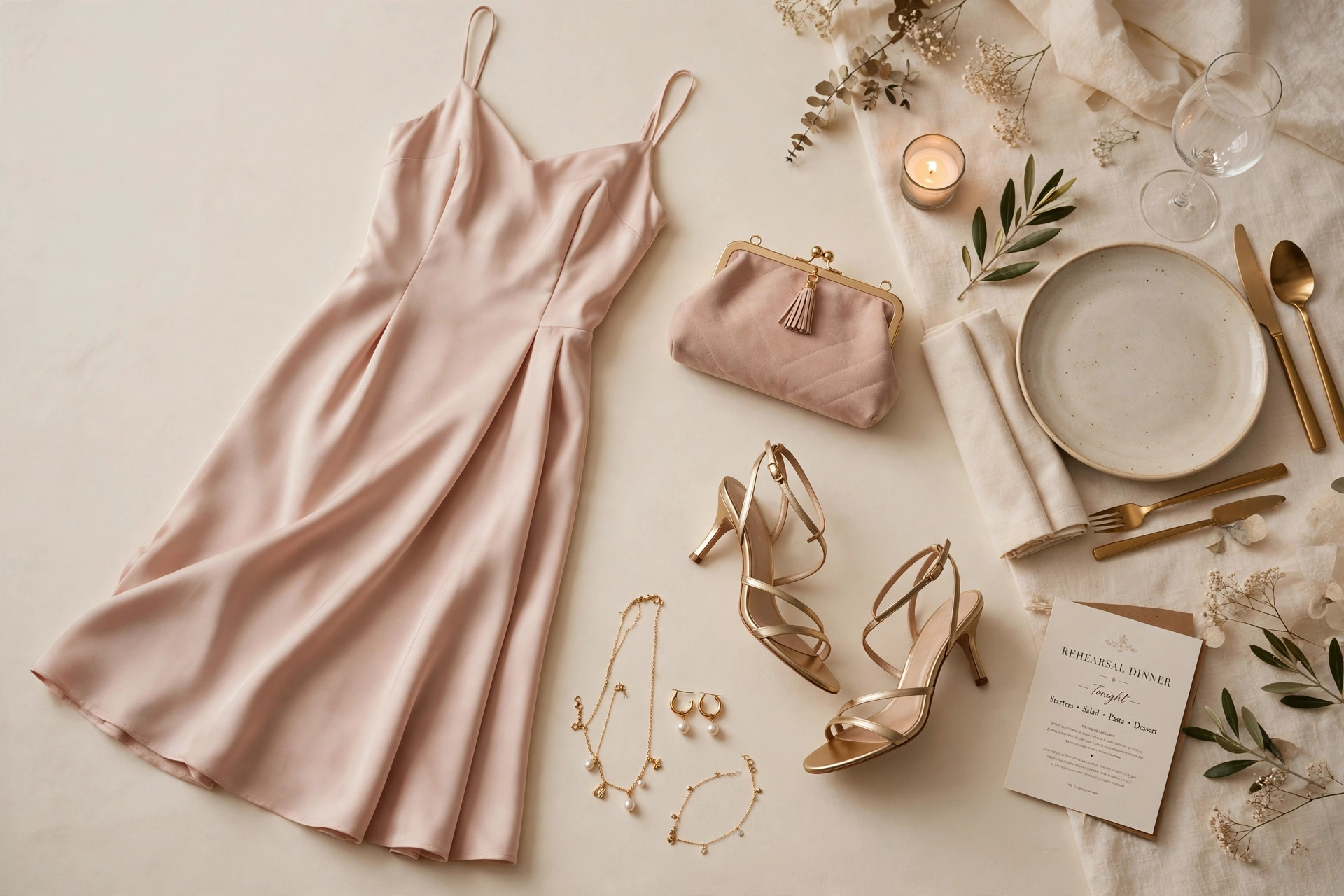 Women's rehearsal dinner outfit laid flat: a blush midi dress, strappy heeled sandals, a small clutch and delicate gold jewellery beside a restaurant table setting