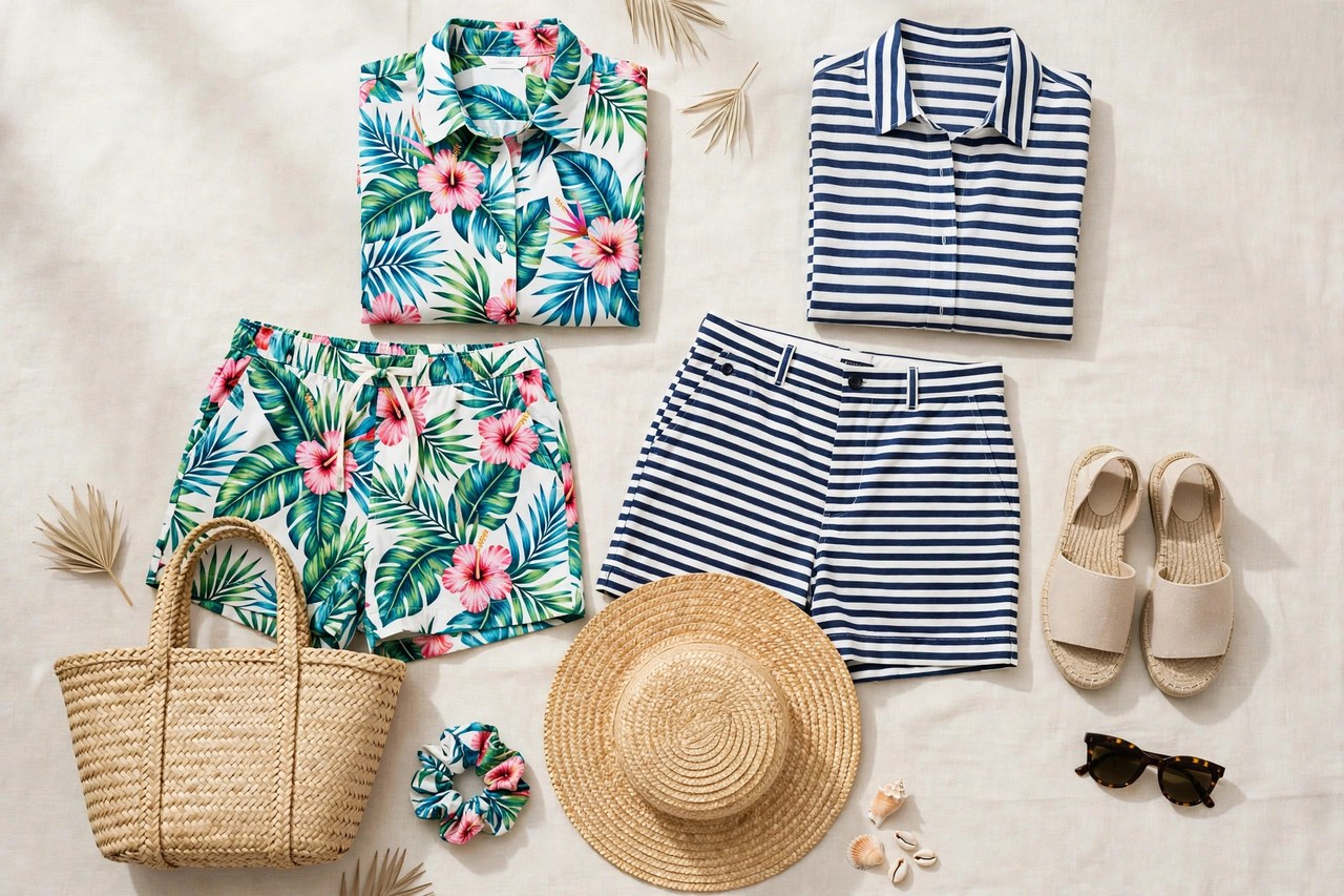 Women's resort fashion garments in bright tropical prints and nautical stripes arranged together