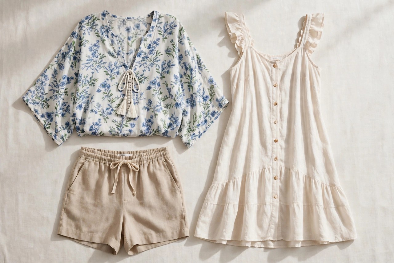 Women's resort wear including a caftan, walking shorts and a lightweight dress laid out for packing