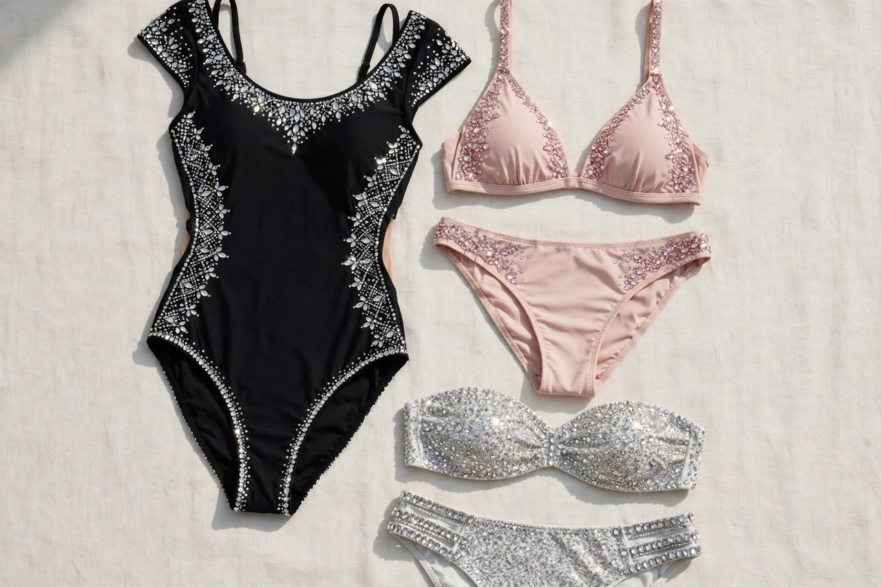 Women's rhinestone swimsuits laid flat as garments showing crystal embellishment details, shown as flat products only
