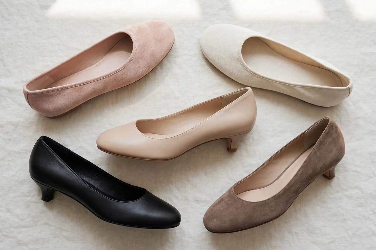 Women's round toe shoes including ballet flats and low pumps showing the curved toe shape