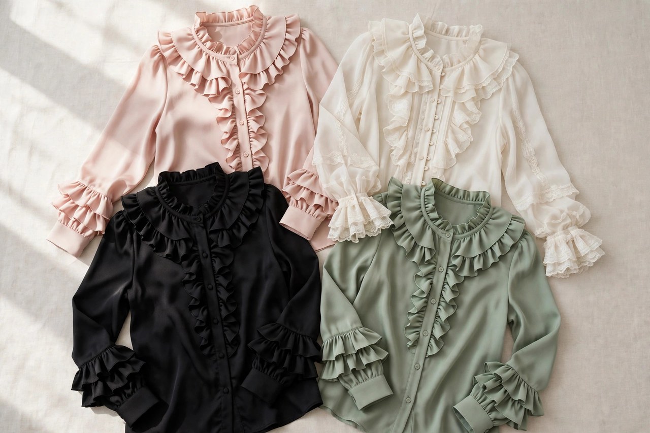 Women's ruffle blouses with frilled collars and cuffs in dressy fabrics hanging together