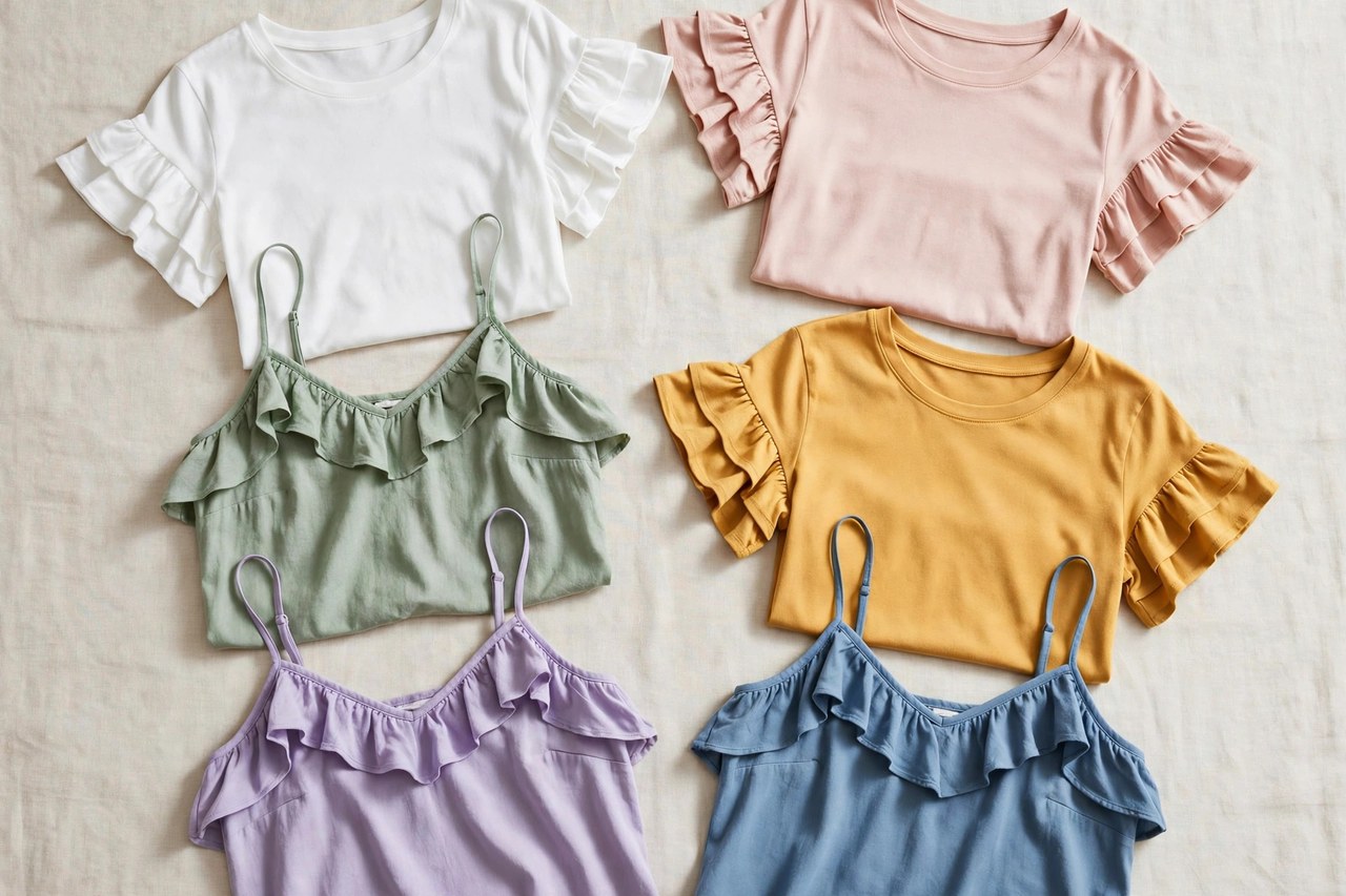 Women's ruffle tops including ruffle sleeve tees and camisole tops in assorted colors