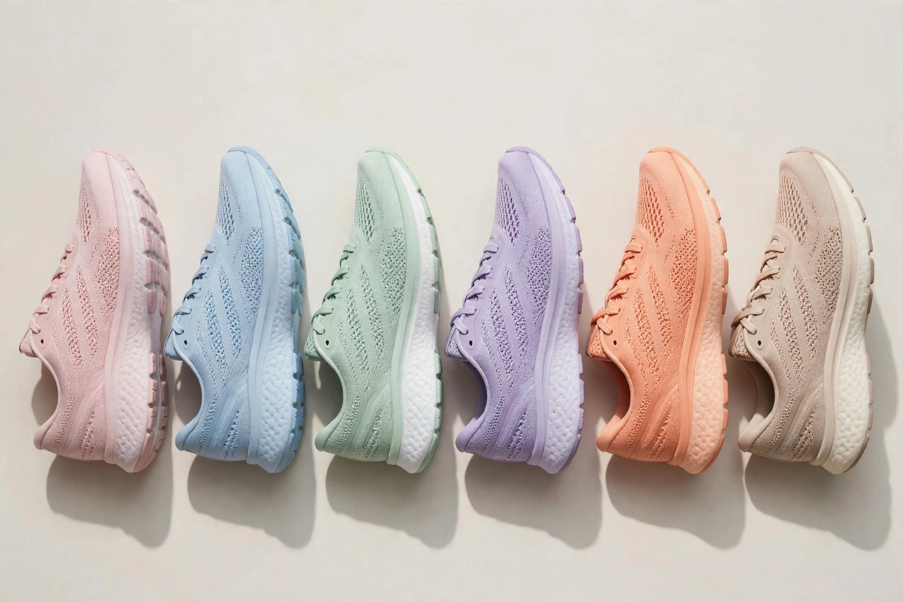 Women's running shoes in several colors with cushioned soles arranged in a row