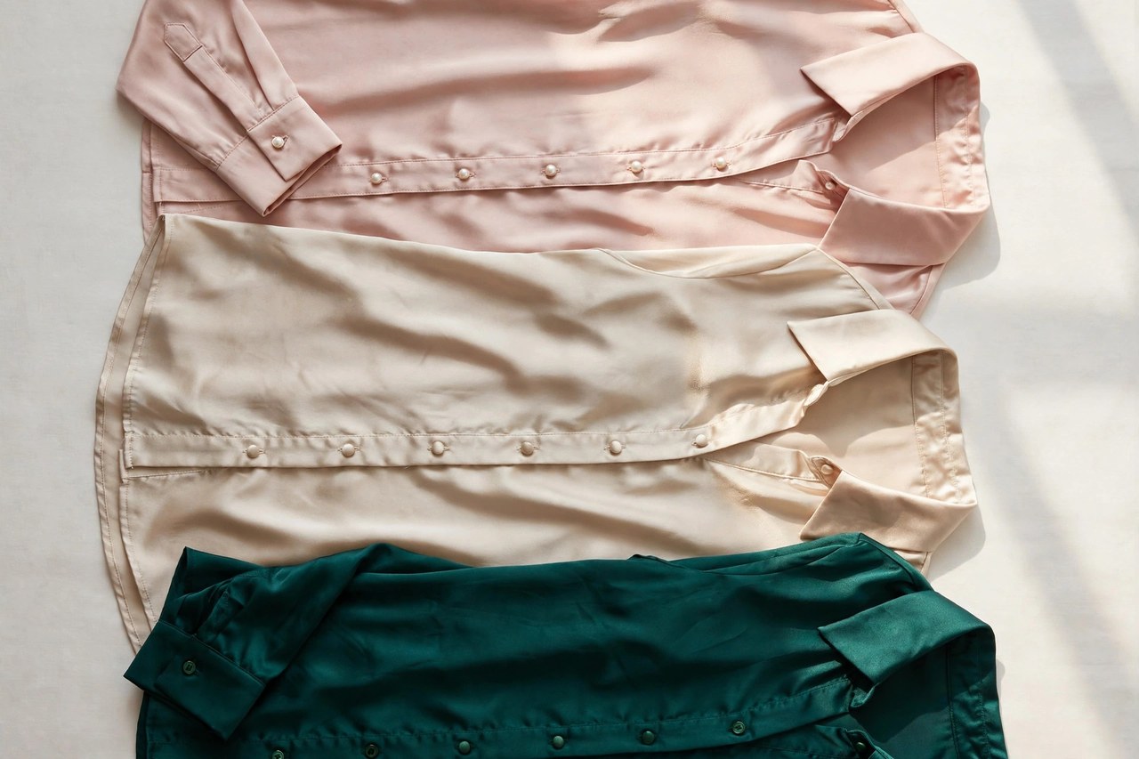 Women's satin blouses garment laid flat, product photograph showing fabric and construction details
