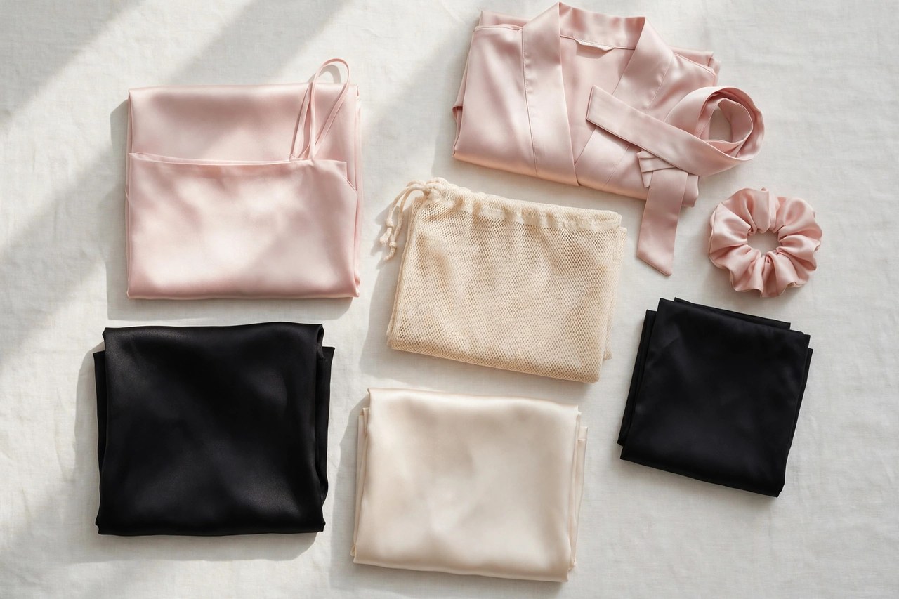 Women's satin lingerie fabrics & care garment folded flat as a product photograph, no people