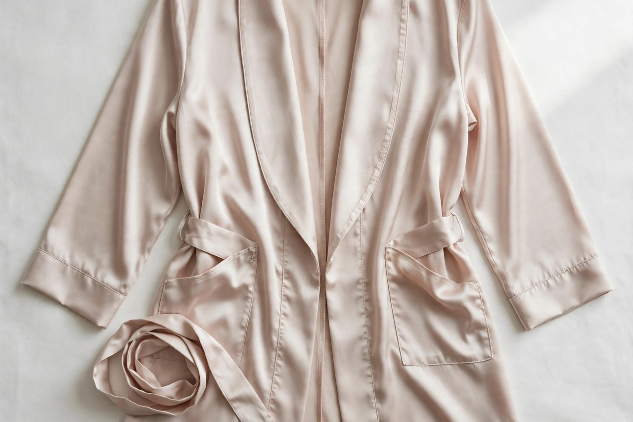 Women's satin robes garment laid flat, product photograph showing fabric and construction details