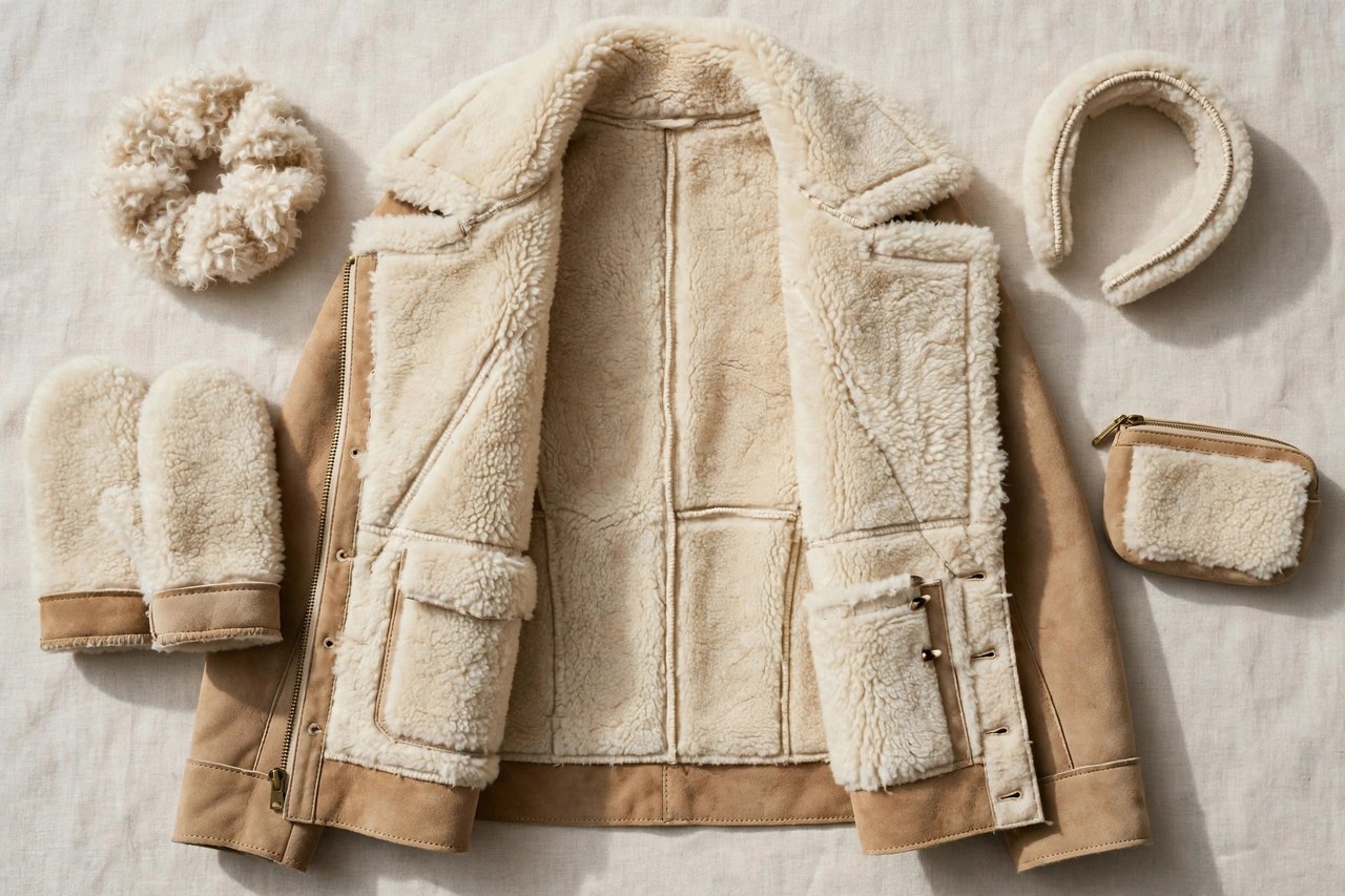 Women's shearling accessories garment laid flat, product photograph showing fabric and construction details