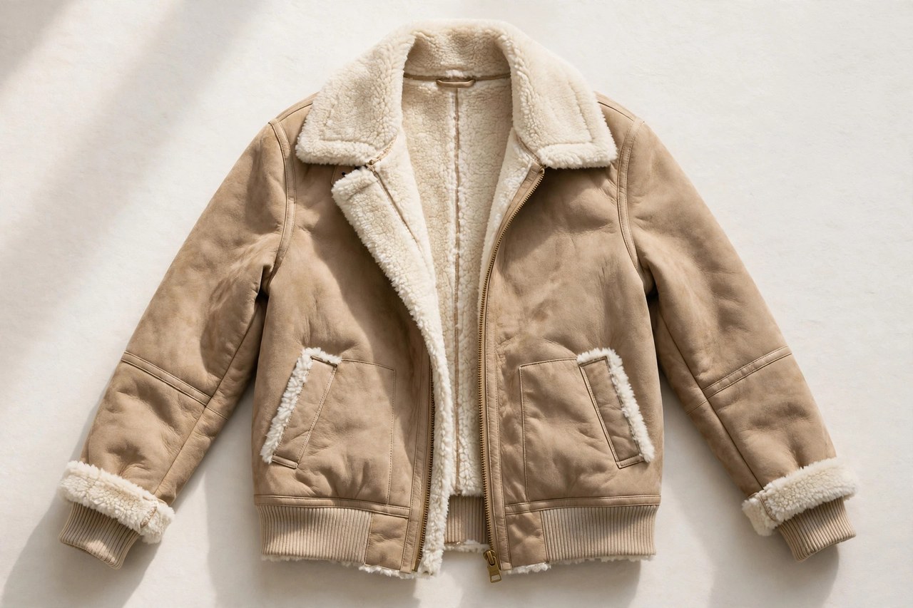 Women's shearling bomber jackets garment laid flat, product photograph showing fabric and construction details
