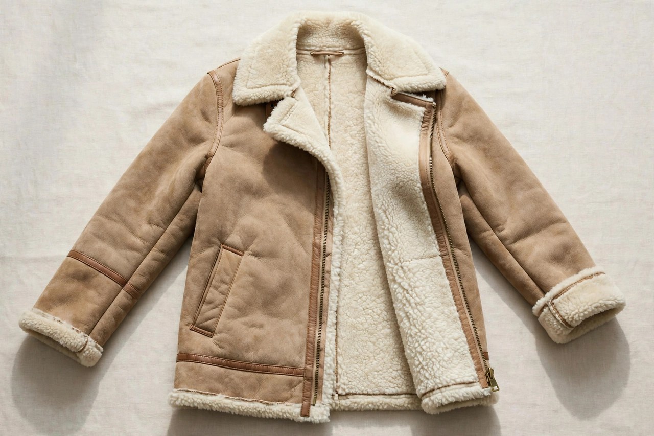 Women's shearling coats garment laid flat, product photograph showing fabric and construction details