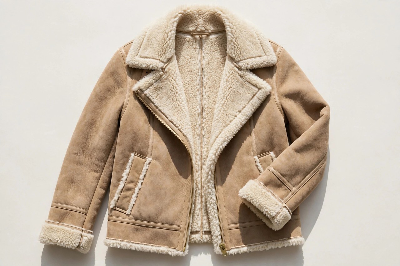 Women's shearling fashion garment laid flat, product photograph showing fabric and construction details
