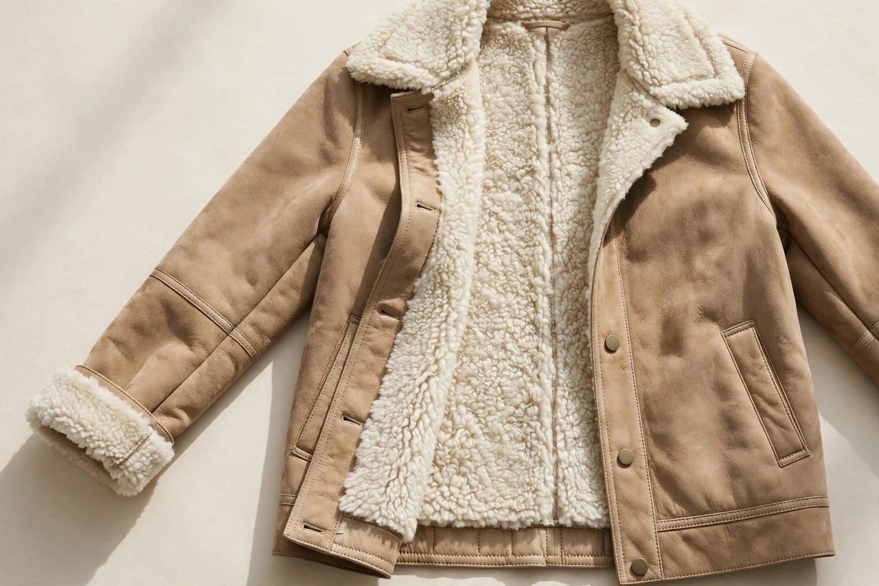 Women's shearling garments garment laid flat, product photograph showing fabric and construction details