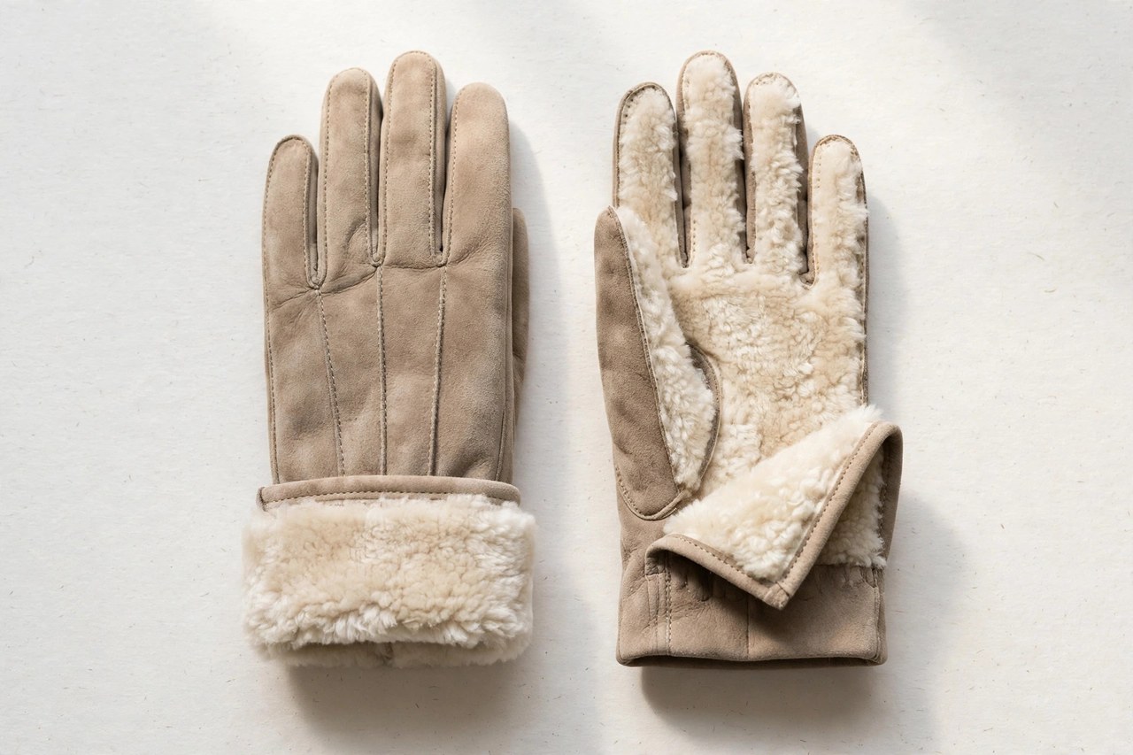 Women's shearling gloves garment laid flat, product photograph showing fabric and construction details