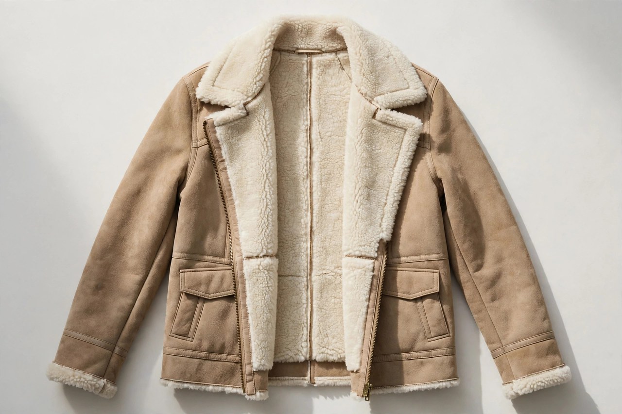 Women's shearling jackets garment laid flat, product photograph showing fabric and construction details