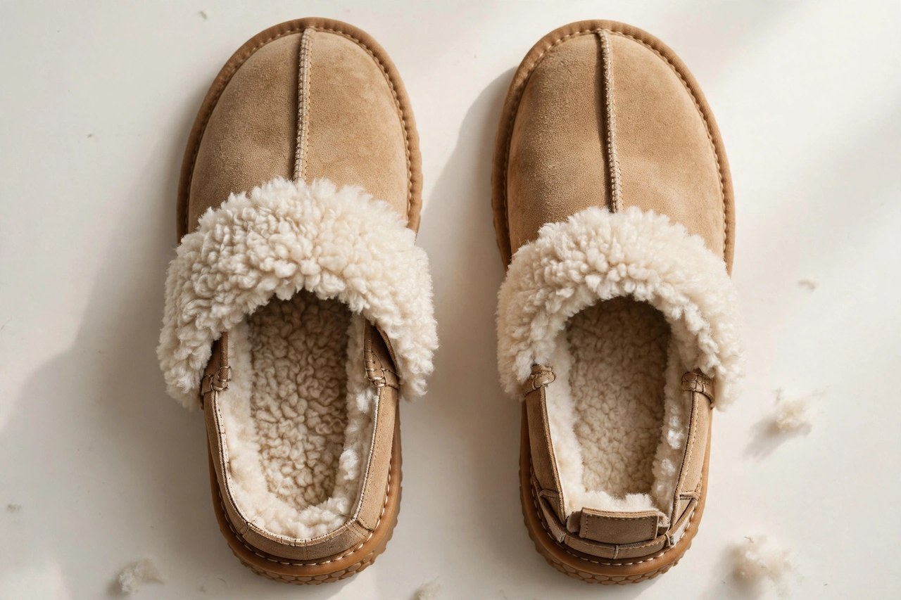Women's shearling slippers garment laid flat, product photograph showing fabric and construction details