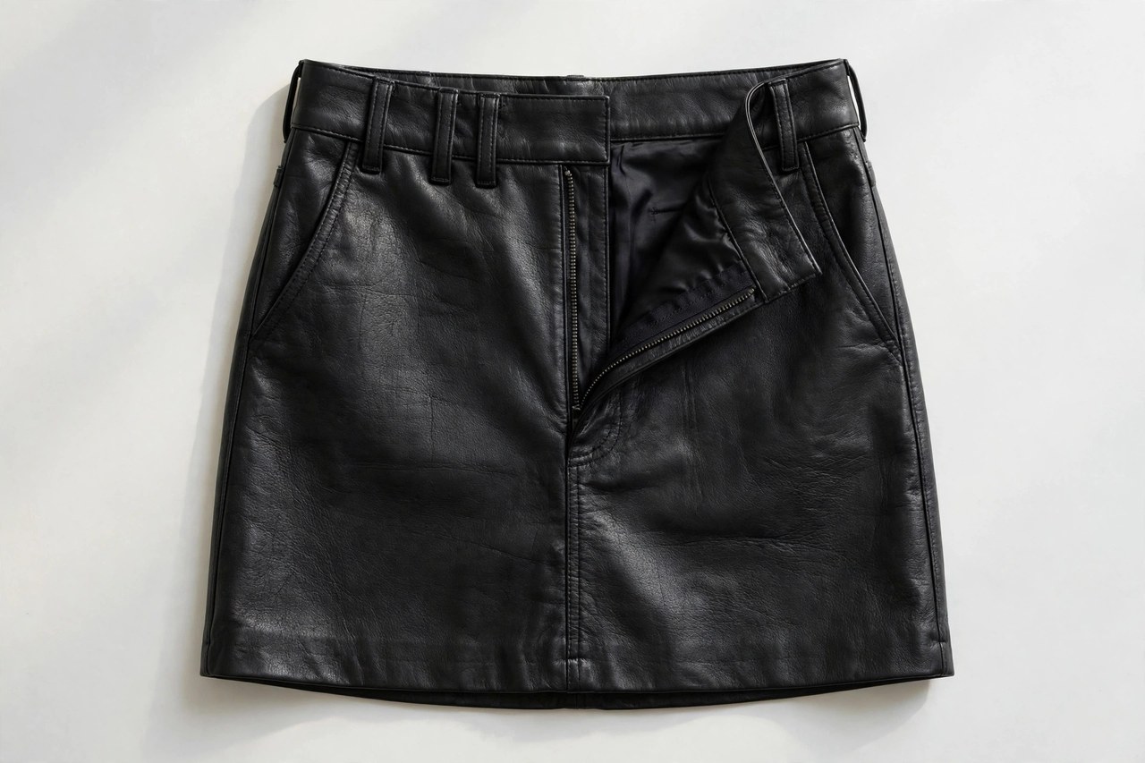 Women's short black leather skirts garment laid flat, product photograph showing fabric and construction details