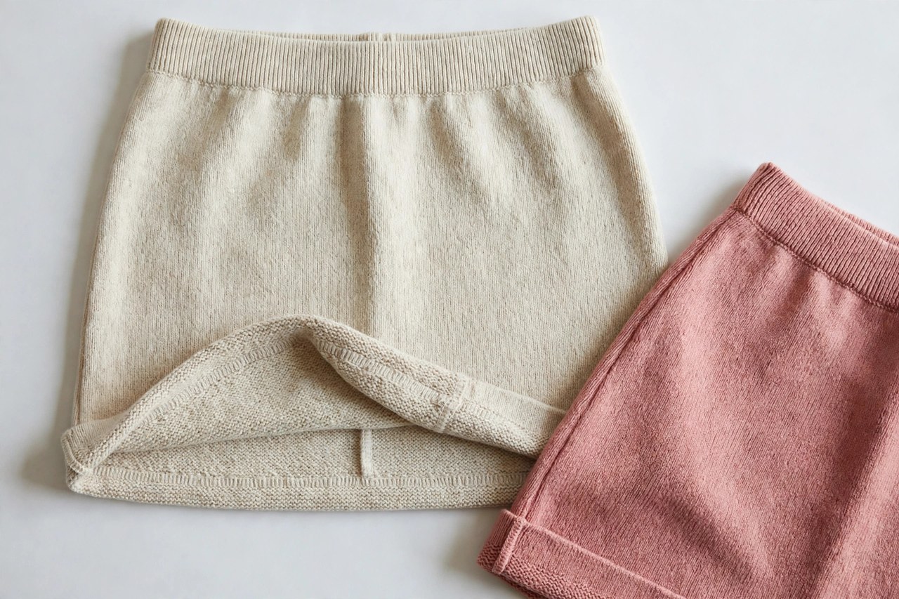 Women's short knit skirts garment laid flat, product photograph showing fabric and construction details