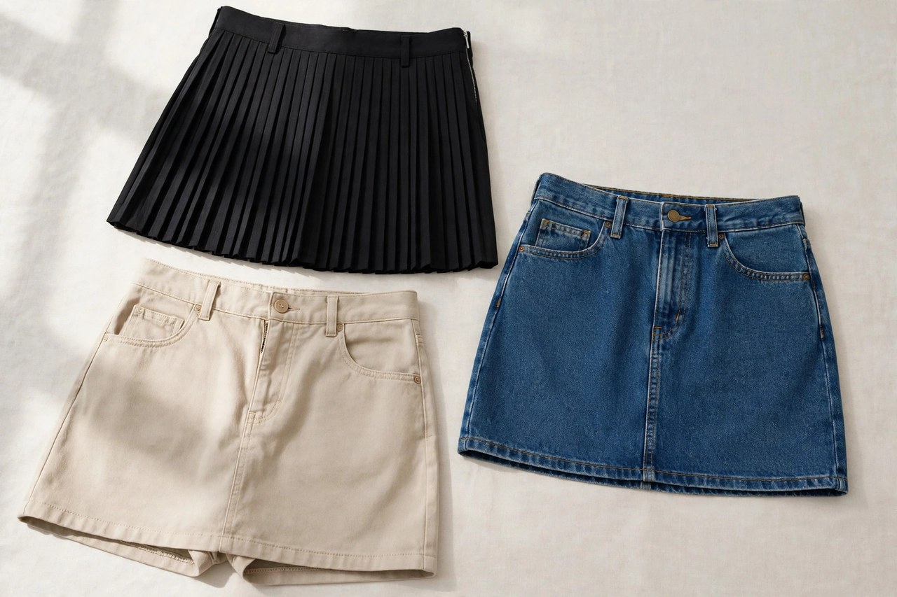 Women's short skirts garment laid flat, product photograph showing fabric and construction details