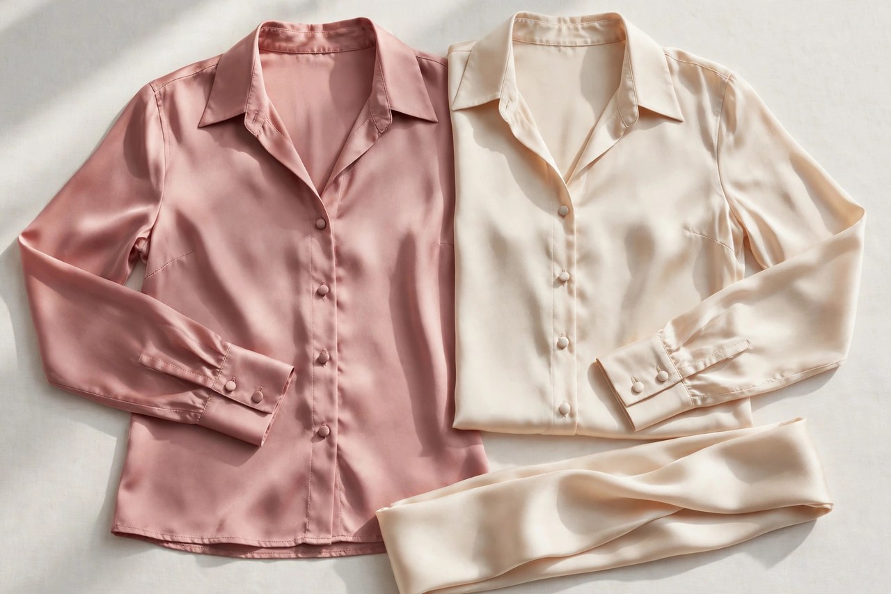 Women's long-sleeve silk blouses with sash garment laid flat, product photograph showing fabric and construction details