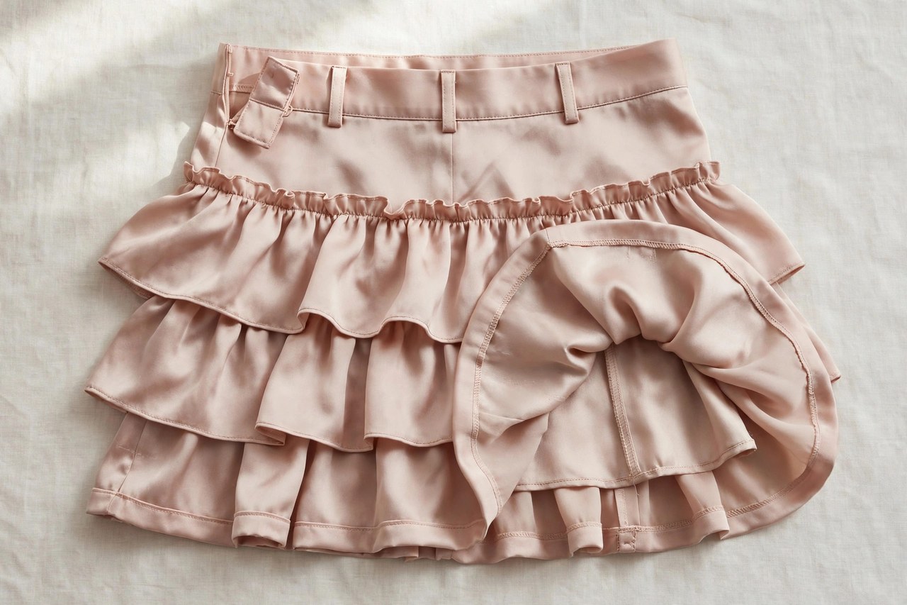 Women's ruffled silk skirts garment laid flat, product photograph showing fabric and construction details