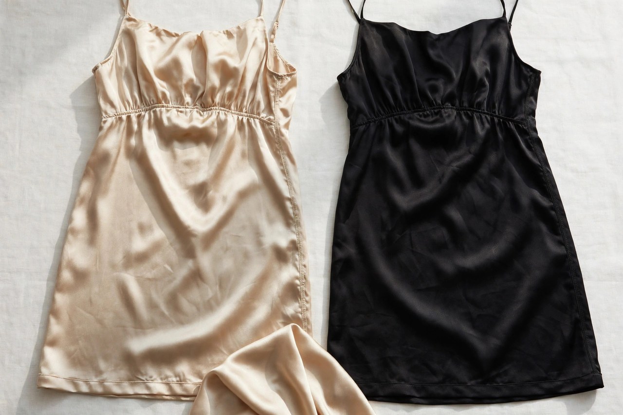 Women's silk blouson tank dresses garment laid flat, product photograph showing fabric and construction details
