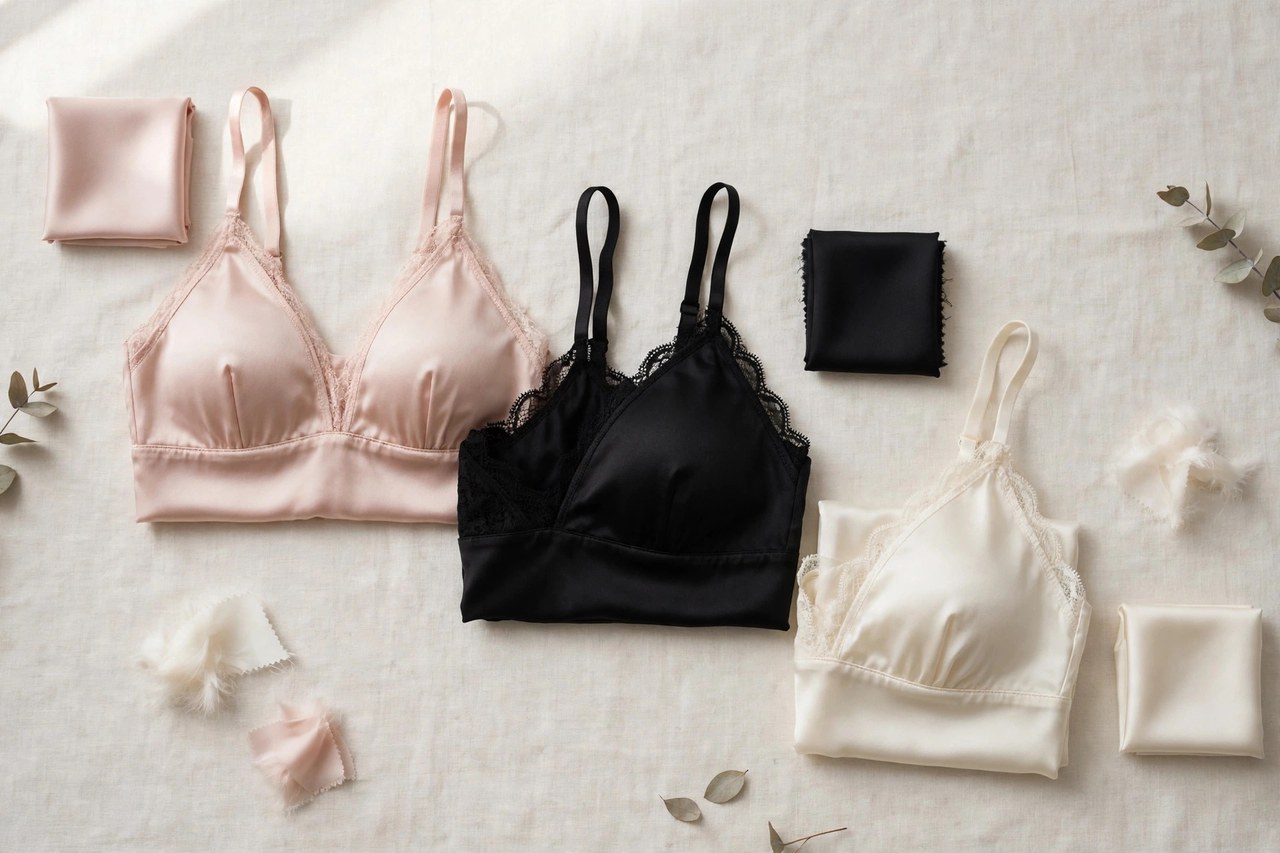 Women's silk bras: fabrics, fit & care garment folded flat as a product photograph, no people